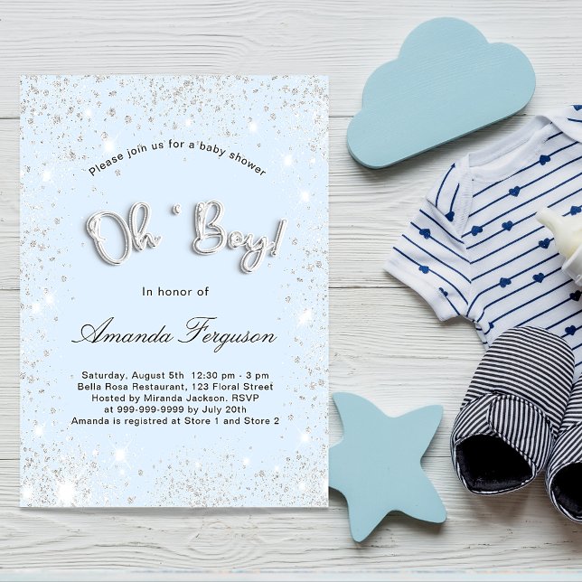 Prospectus 11,4 Cm X 14,2 Cm Baby shower bébé bleu garçon argent budget invitat (Créateur téléchargé)