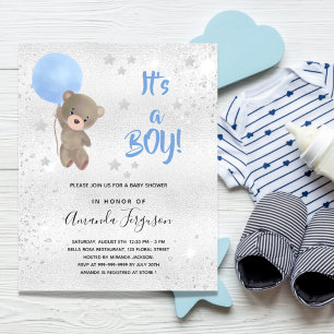 Prospectus 11,4 Cm X 14,2 Cm Baby shower teddy bleu argent budget invitation
