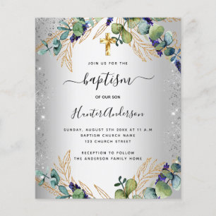 Prospectus 11,4 Cm X 14,2 Cm Baptême argent eucalyptus vert invitation