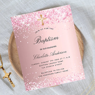 Prospectus 11,4 Cm X 14,2 Cm Baptême rose vif parties scintillant fille invitat