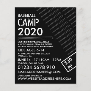 Prospectus 11,4 Cm X 14,2 Cm Bat de baseball noir et blanc, Camp de baseball Ad