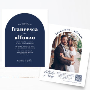 Prospectus 11,4 Cm X 14,2 Cm Bleu Marine RSVP QR Code Mariage photo rétro