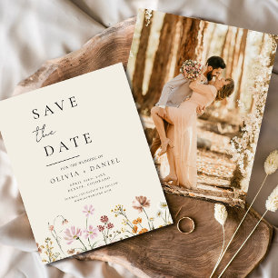 Prospectus 11,4 Cm X 14,2 Cm Boho fleur sauvage Beige Photo Enregistrer la date