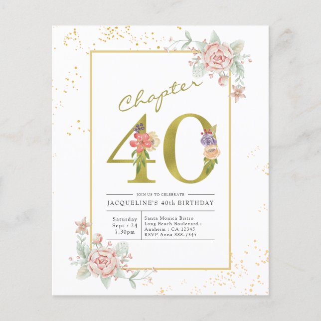 Prospectus 11,4 Cm X 14,2 Cm Budget 40e anniversaire Floral Gold Script Invitat (Devant)