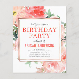 Prospectus 11,4 Cm X 14,2 Cm Budget Coral Floral Anniversaire Fête Invitation