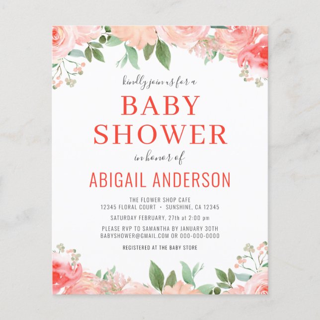 Prospectus 11,4 Cm X 14,2 Cm Budget Coral Floral Baby shower Invitation (Devant)