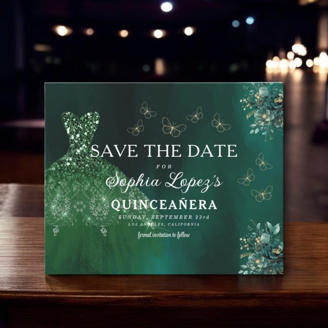 Prospectus 11,4 Cm X 14,2 Cm Budget Green Gold Quinceanera Enregistrer la date (Créateur téléchargé)