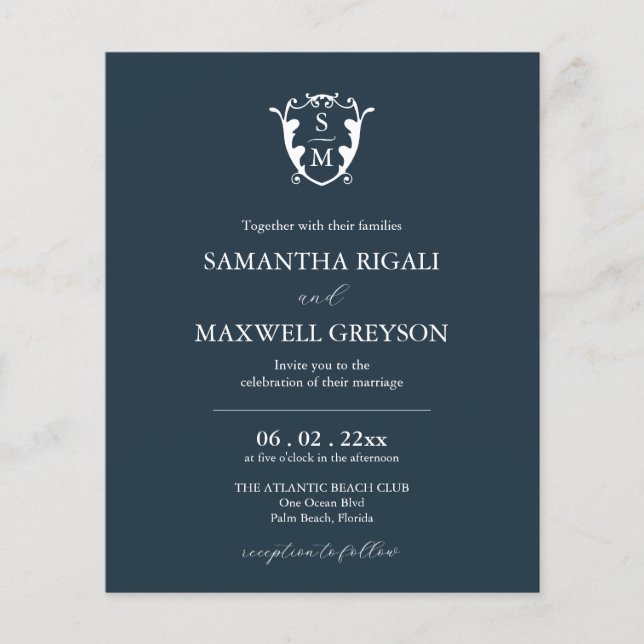 Prospectus 11,4 Cm X 14,2 Cm Budget Monogramme bleu Faire-part de mariage (Devant)