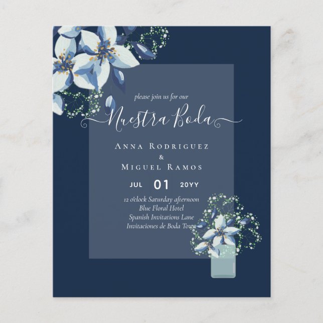 Prospectus 11,4 Cm X 14,2 Cm Budget Nuestra Boda Marine Blue Flowers Invitation (Devant)