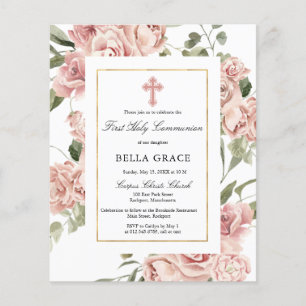 Prospectus 11,4 Cm X 14,2 Cm Budget Pink Floral First Holy Communion Invitation