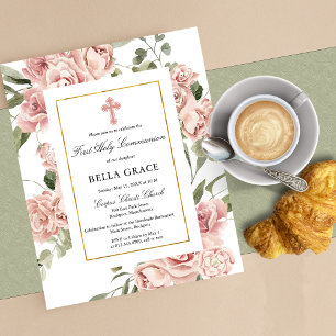 Prospectus 11,4 Cm X 14,2 Cm Budget Pink Floral First Holy Communion Invitation