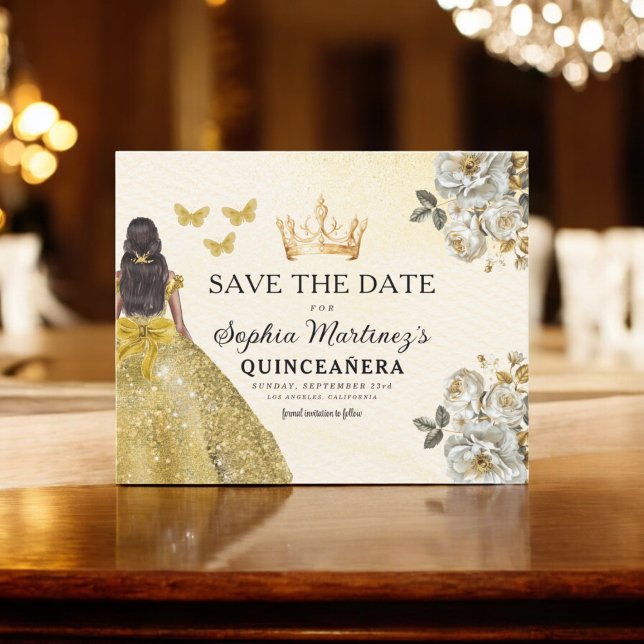 Prospectus 11,4 Cm X 14,2 Cm Budget Quinceanera Gold Enregistrer la date Floral (Créateur téléchargé)
