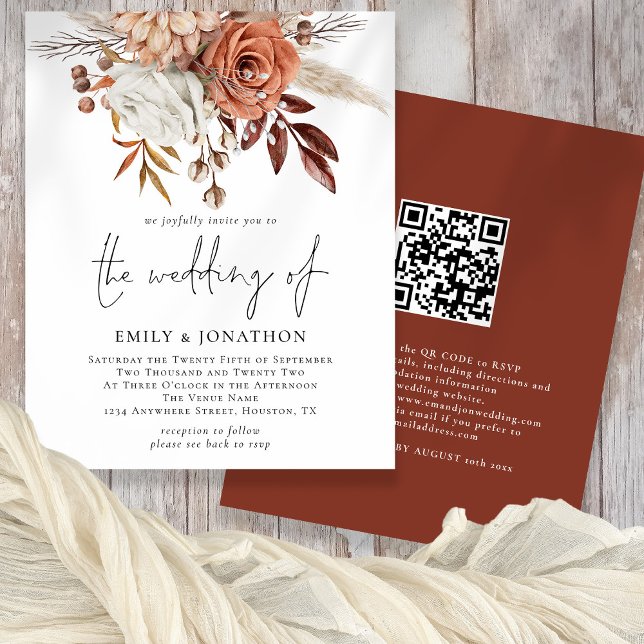 Prospectus 11,4 Cm X 14,2 Cm Budget Rustique Terracotta Florals QR Code Mariage (Front and back view - value paper option)