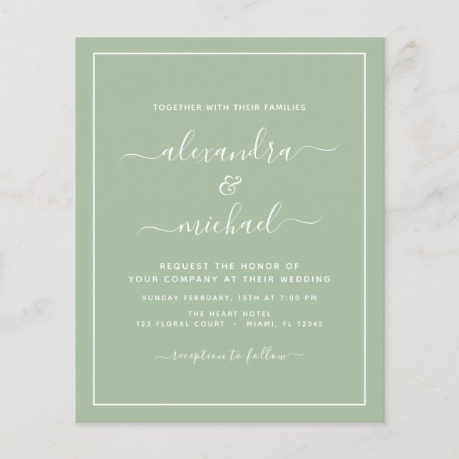 Prospectus 11,4 Cm X 14,2 Cm Budget Sage Mariage vert avec invitation photo Fl (Devant)