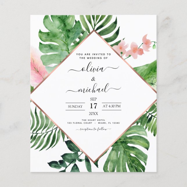 Prospectus 11,4 Cm X 14,2 Cm Budget Tropical Palm Faire-part de mariage géométr (Devant)