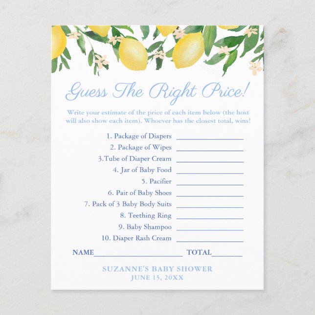 Prospectus 11,4 Cm X 14,2 Cm Citrons Blue Devinez Le Bon Prix Baby shower Jeu (Devant)