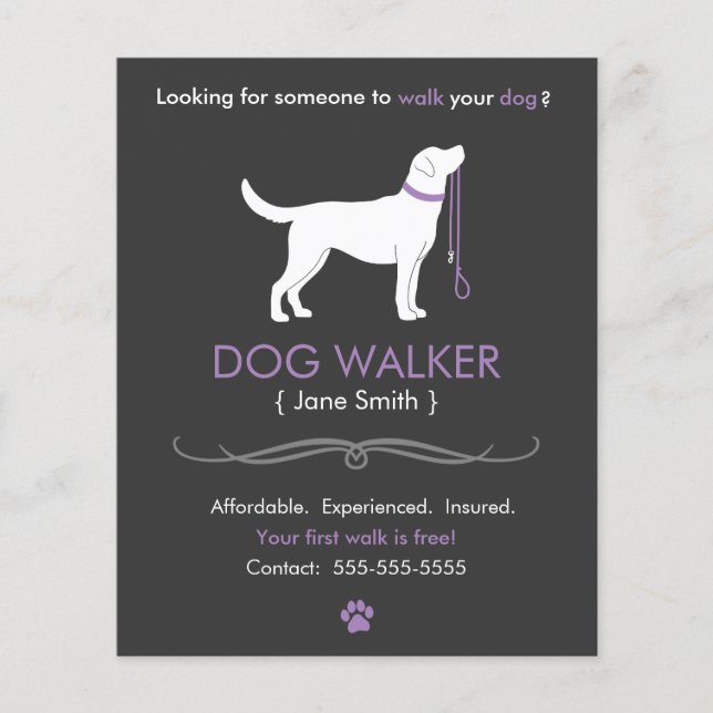 Prospectus 11,4 Cm X 14,2 Cm Dog Walker Walking Business Flyer Modèle petit (Devant)