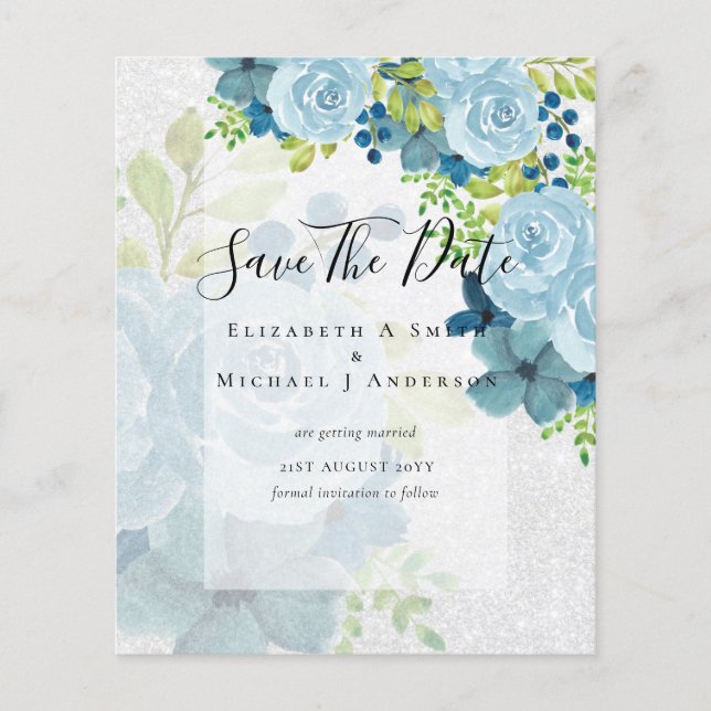 PROSPECTUS 11,4 CM X 14,2 CM DUSTY BLUE FLOWERS SAVE DATES - BUDGET (Devant)