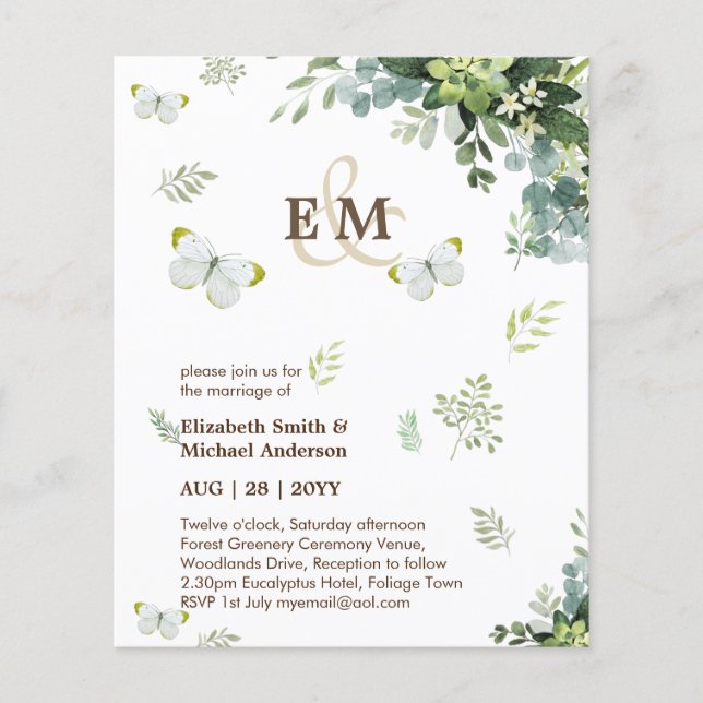 Prospectus 11,4 Cm X 14,2 Cm Elégante Verdure Papillons Mariage Invitations (Devant)