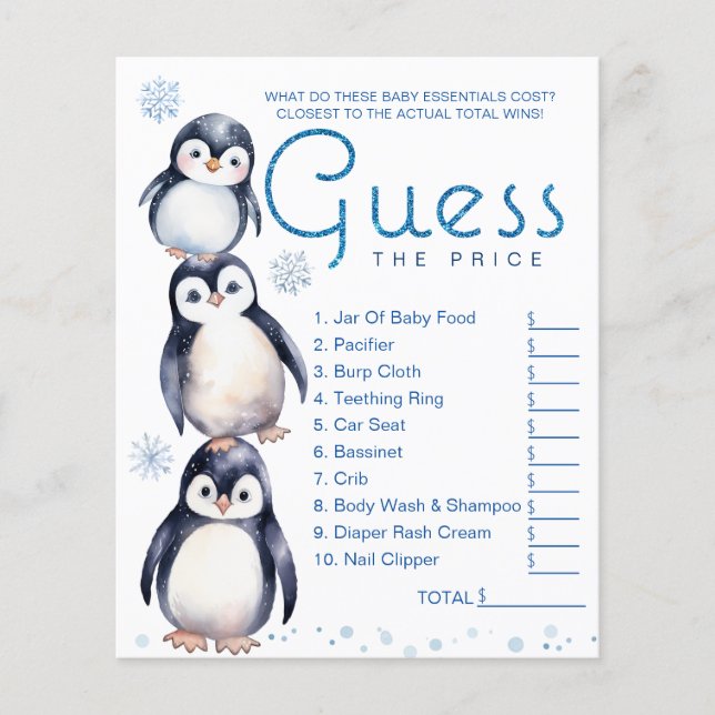 Prospectus 11,4 Cm X 14,2 Cm Fiche de jeu du Baby shower de pingouins d'hiver (Devant)