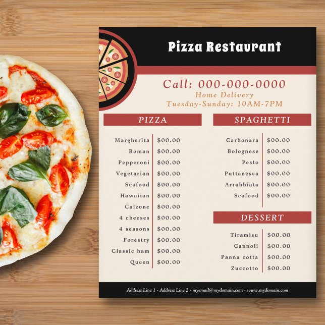 Prospectus 11,4 Cm X 14,2 Cm Flyer de restaurant de pizza, menu et liste de pri (Pizza Restaurant, Menu & Price List Flyer)