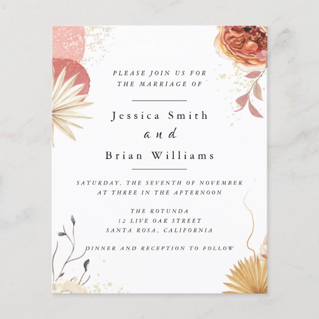 Prospectus 11,4 Cm X 14,2 Cm Flyer Faire-part de mariage Boho Rose (Devant)