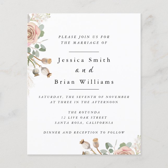 Prospectus 11,4 Cm X 14,2 Cm Flyer Mariage Rose aquarelle (Devant)