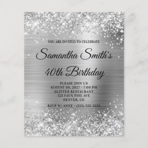 Prospectus 11,4 Cm X 14,2 Cm Glittery Silver Glam 40th Birthday Invitation Flye