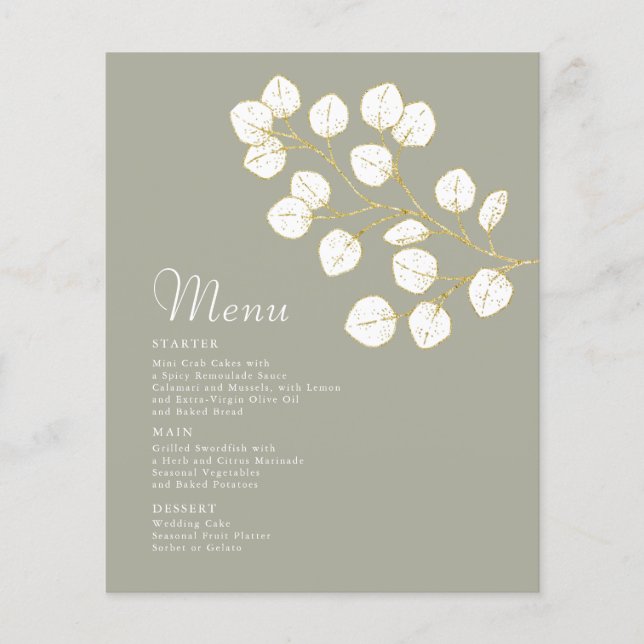 Prospectus 11,4 Cm X 14,2 Cm Gold Sage Green Eucalyptus Feuille Menu Mariage (Devant)