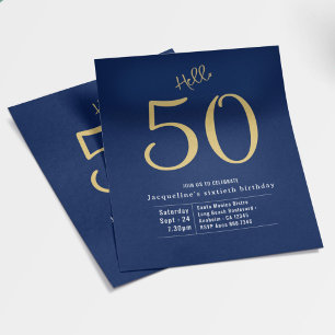 Prospectus 11,4 Cm X 14,2 Cm Hello 50 Blue Gold Budget 50th Birthday Invitation