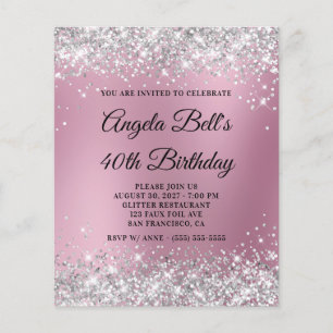Prospectus 11,4 Cm X 14,2 Cm Invitation 40 ans Silver Glitter Pink Blur