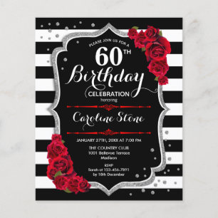 Prospectus 11,4 Cm X 14,2 Cm Invitation budget 60 ans noir blanc rouge argent