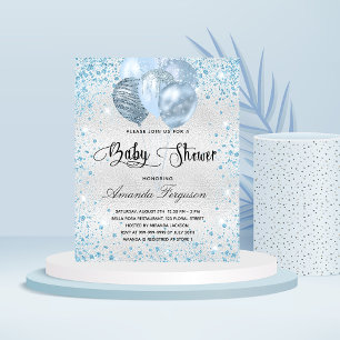 Prospectus 11,4 Cm X 14,2 Cm Invitation de baby shower argent pailleté bleu bon
