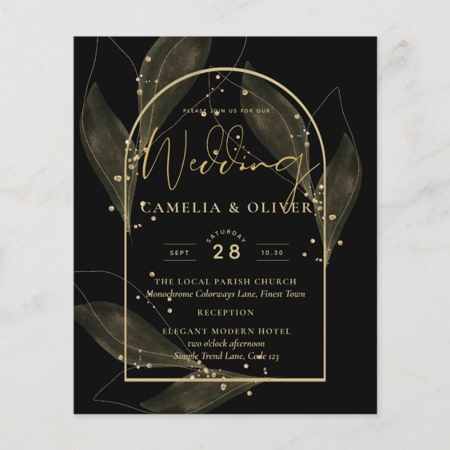 Prospectus 11,4 Cm X 14,2 Cm LeahG Black Gold Feuilles de mariage moderne INVIT (Devant)