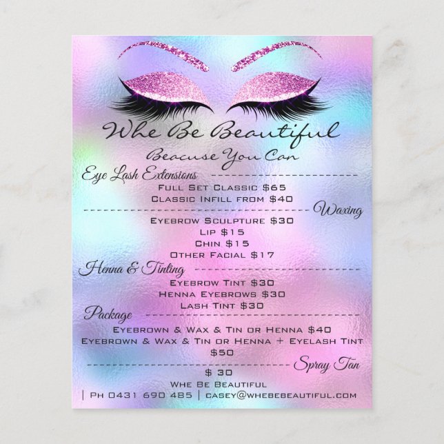 Prospectus 11,4 Cm X 14,2 Cm Liste de Prix de Maquillage Extension de Cils Henn (Dos)
