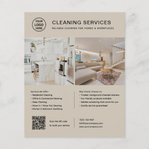 Prospectus 11,4 Cm X 14,2 Cm Logo Code QR Photo des services de nettoyage Beige