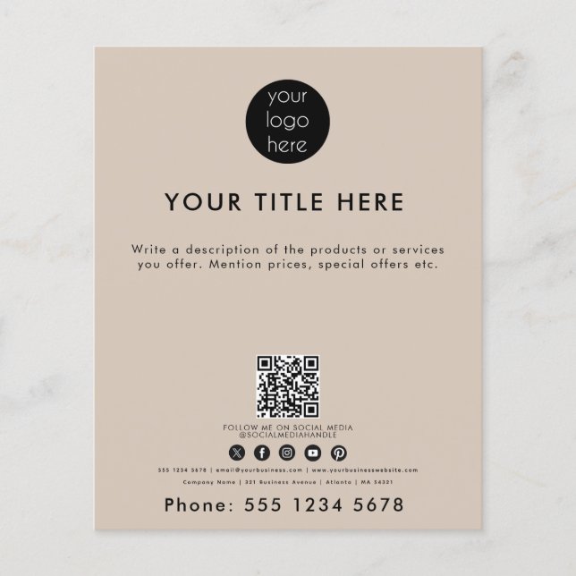 Prospectus 11,4 Cm X 14,2 Cm Logo d'entreprise QR Code Médias sociaux Beige (Devant)