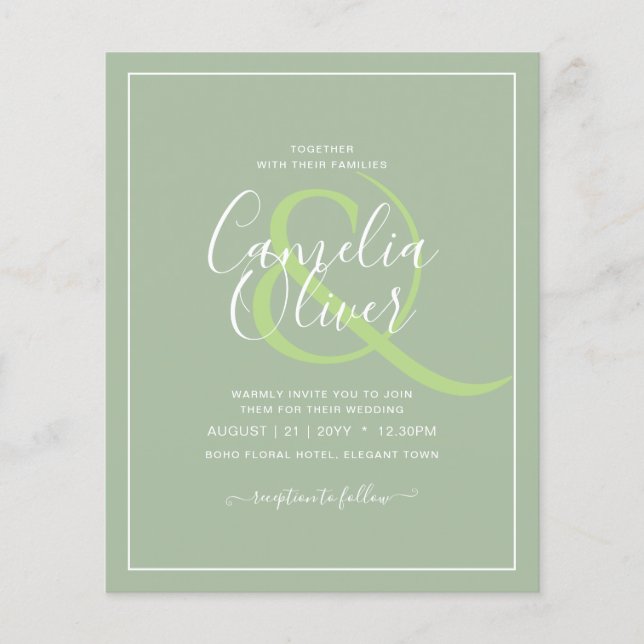 Prospectus 11,4 Cm X 14,2 Cm MARIAGE BUDGET Sage Apple Green Monochrome Texte (Devant)