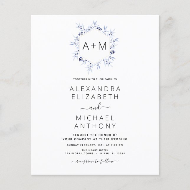 Prospectus 11,4 Cm X 14,2 Cm Mariage Fleuris Bleu Poussiéreux Monogramme Budget (Devant)