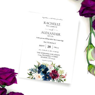 Prospectus 11,4 Cm X 14,2 Cm Mariage floral bleu marine, bordeaux et blanc