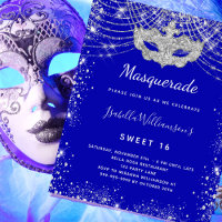 Mascarade bleu royal Sweet 16 invitation budget
