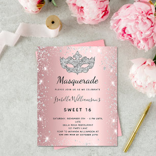 Prospectus 11,4 Cm X 14,2 Cm Masquerade rose argent Sweet 16 invitation budget