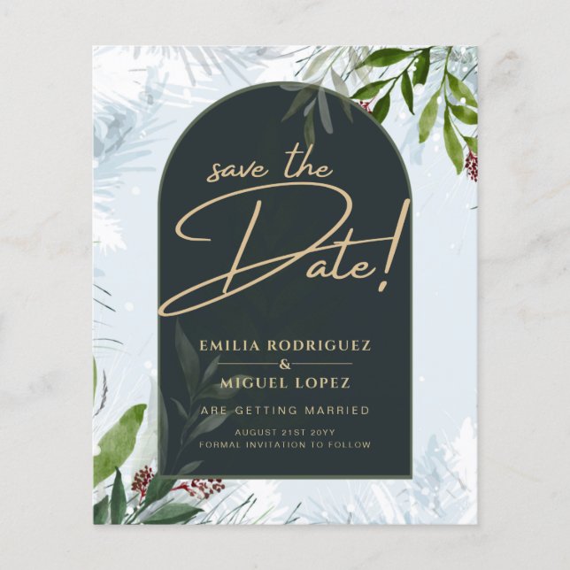 Prospectus 11,4 Cm X 14,2 Cm Moderne hiver verdure Mariage or Enregistrer Date (Devant)