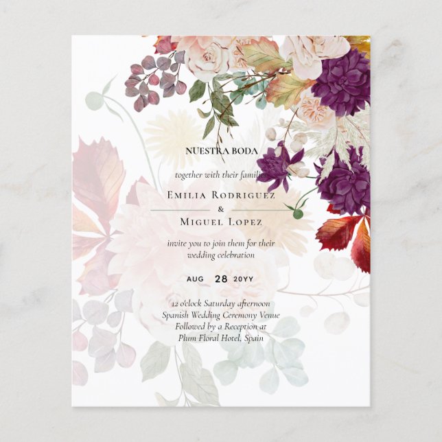 Prospectus 11,4 Cm X 14,2 Cm NUESTRA BODA Plum Fall Floral Mariage espagnol (Devant)