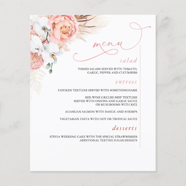 Prospectus 11,4 Cm X 14,2 Cm Pampas Grass Floral Botanique Rose Menu (Devant)