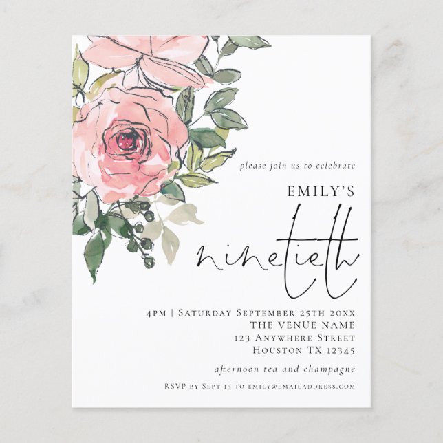 Prospectus 11,4 Cm X 14,2 Cm PAPER Pink Florals Ninetieth Party Invitation (Devant)