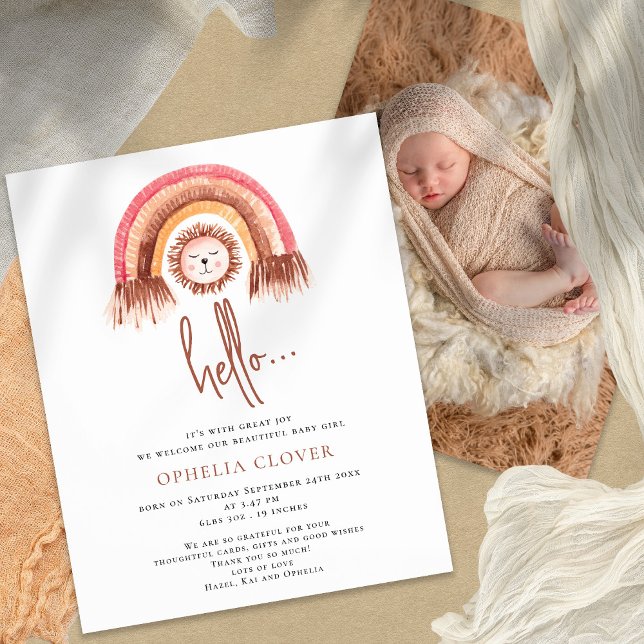 Prospectus 11,4 Cm X 14,2 Cm PAPIER | Boho Cute Lion Rainbow Faire-part de nais (Créateur téléchargé)