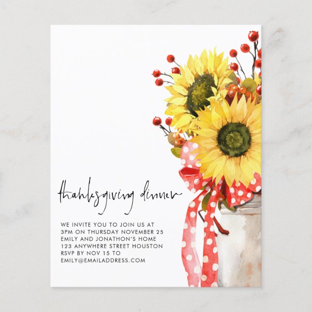 Prospectus 11,4 Cm X 14,2 Cm PAPIER Rustic Tournesol Thanksgiving Dîner Invitat (Devant)