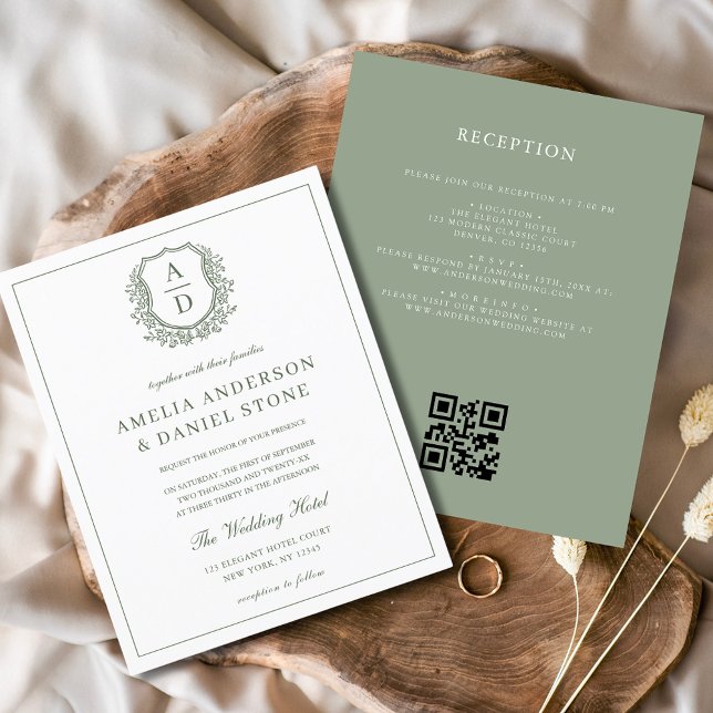 Prospectus 11,4 Cm X 14,2 Cm Sage Green Crest Monogram Mariage QR Code (Créateur téléchargé)