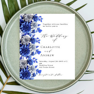 Prospectus 11,4 Cm X 14,2 Cm Script floral blanc bleu faire-part de mariage bud